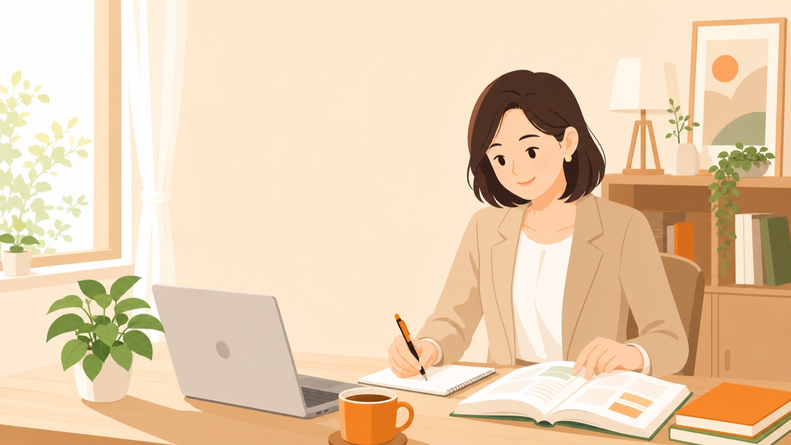 自宅のデスクで通信講座のテキストとノートパソコンを使って資格の勉強をする女性のイラスト